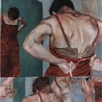 Ritual (in the dressing room). 1999. Oil, wax, charcoal on board. 47 x 110